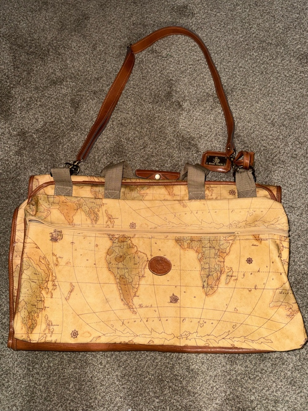 Vintage Map-Print Canvas Travel Duffle Bag - Tan/Brown - Picture 9 of 9